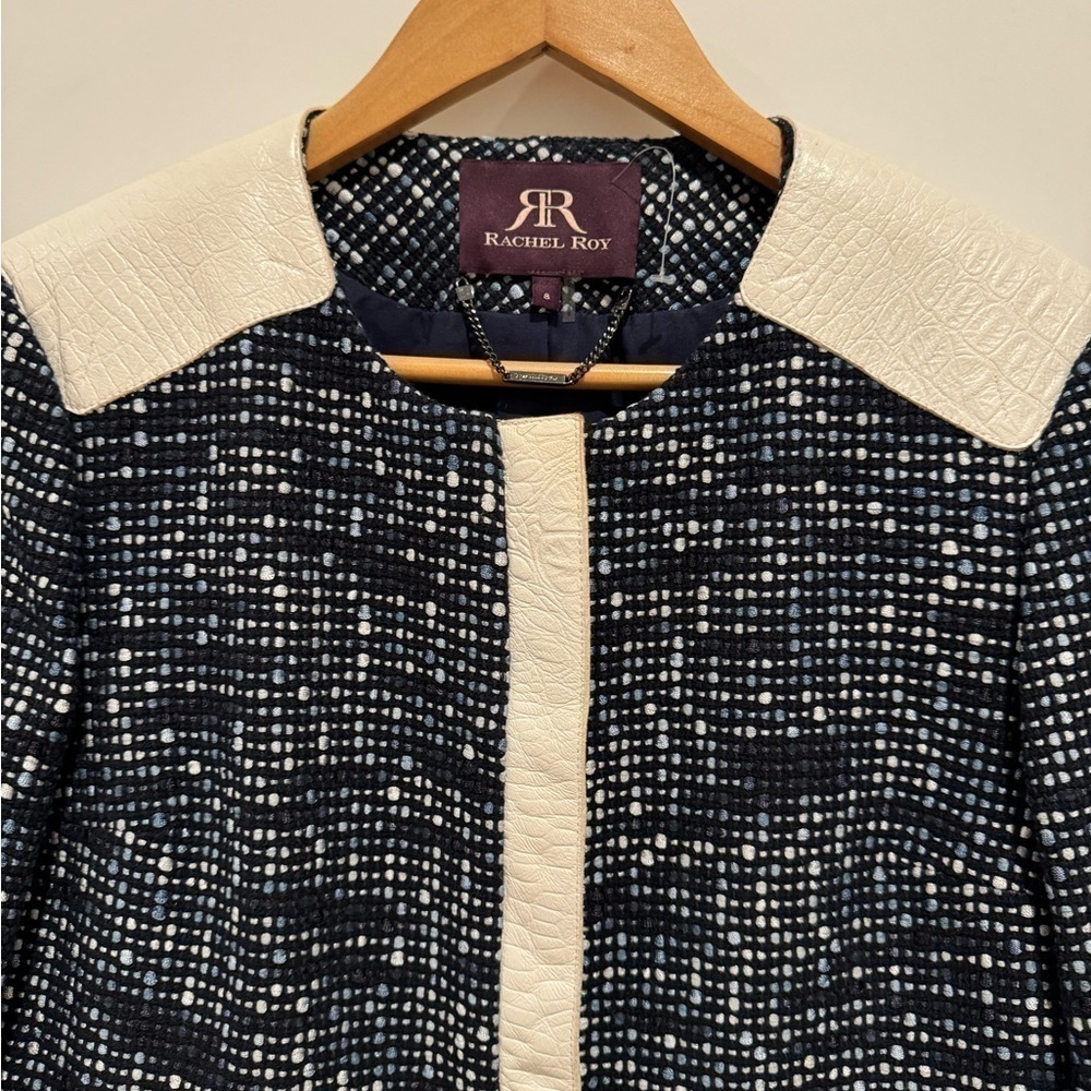 RACHEL ROY Leather Trim Career Jacket Blazer 8 Long Sleeve Full Zip Lined Blue K - Picture 8 of 10